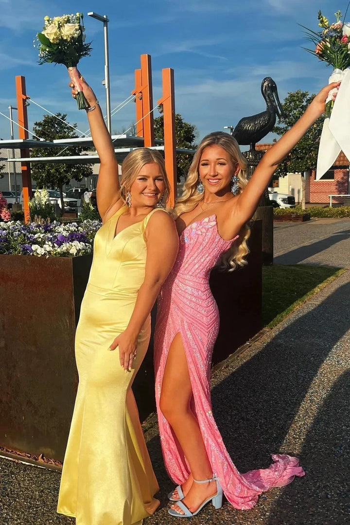 Bliss | Yellow Mermaid Satin V Neck Long Party Dress by KissProm