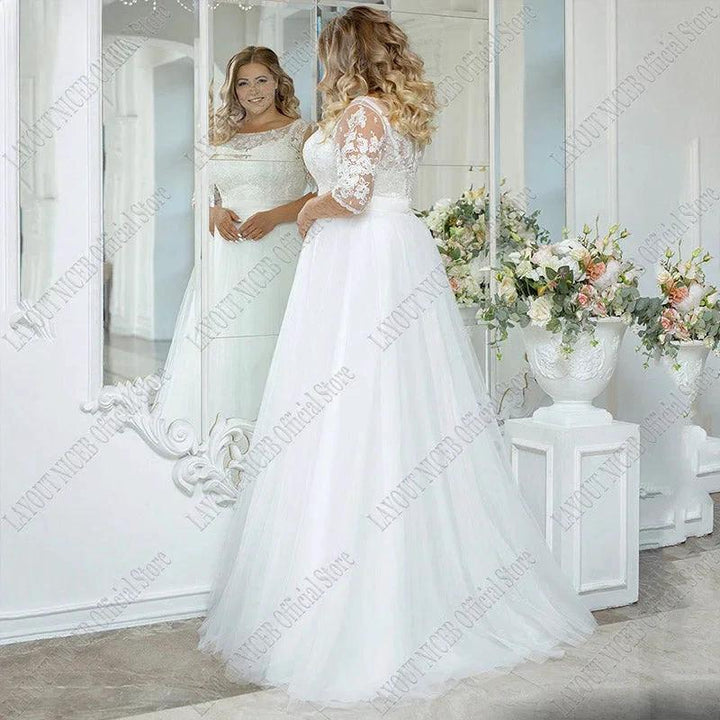 Vintage Beach Wedding Dress Plus Size Boho Lace Applique Three Quarter Sleeves Tulle Bride Gown A-Line Floor Length by payinti