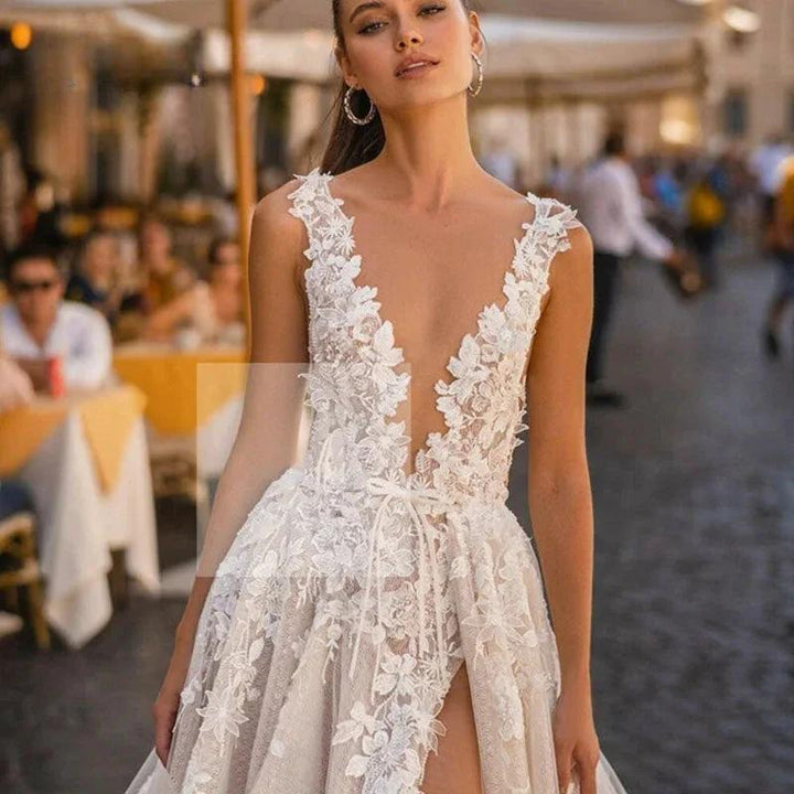 Boho Wedding Dresses For Dress Elegant A-Line Sleeveless 3D Appliqued Bride Gown Side Split Sexy Backless Dress by payinti