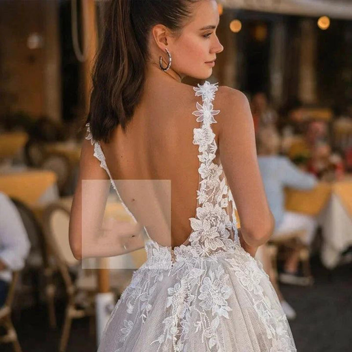 Boho Wedding Dresses For Dress Elegant A-Line Sleeveless 3D Appliqued Bride Gown Side Split Sexy Backless Dress by payinti