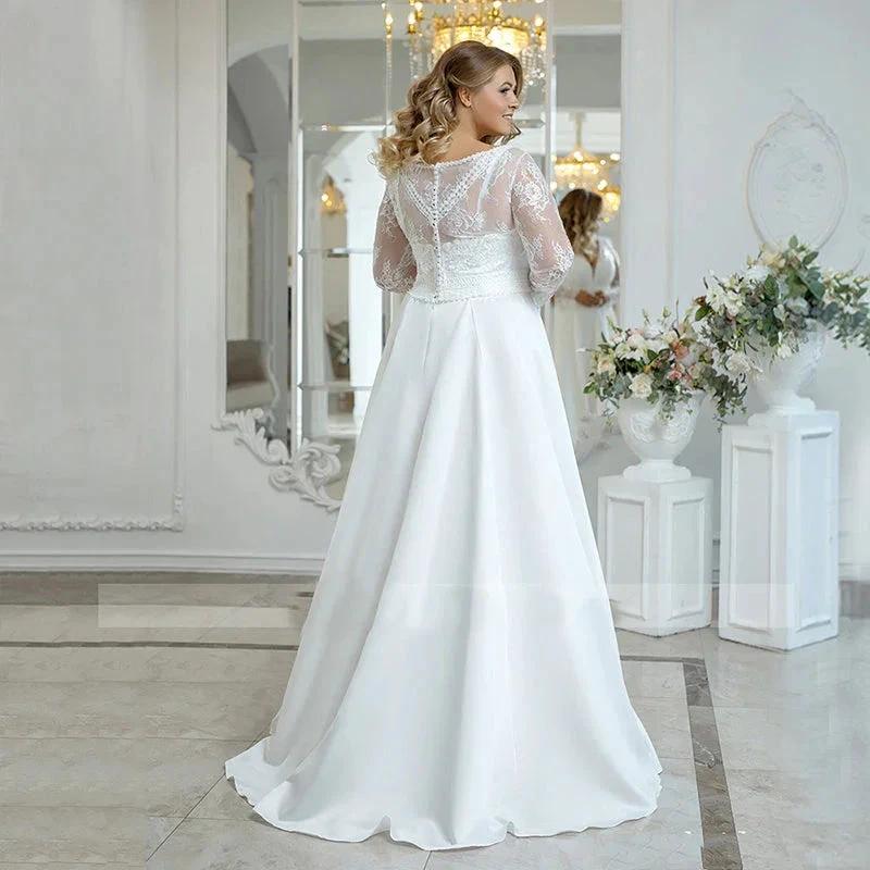 Beach Plus Size Wedding Dress Woman Satin Bohemian Lace Long Sleeve V Neck A Line Floor Length Bridal Gown White by payinti