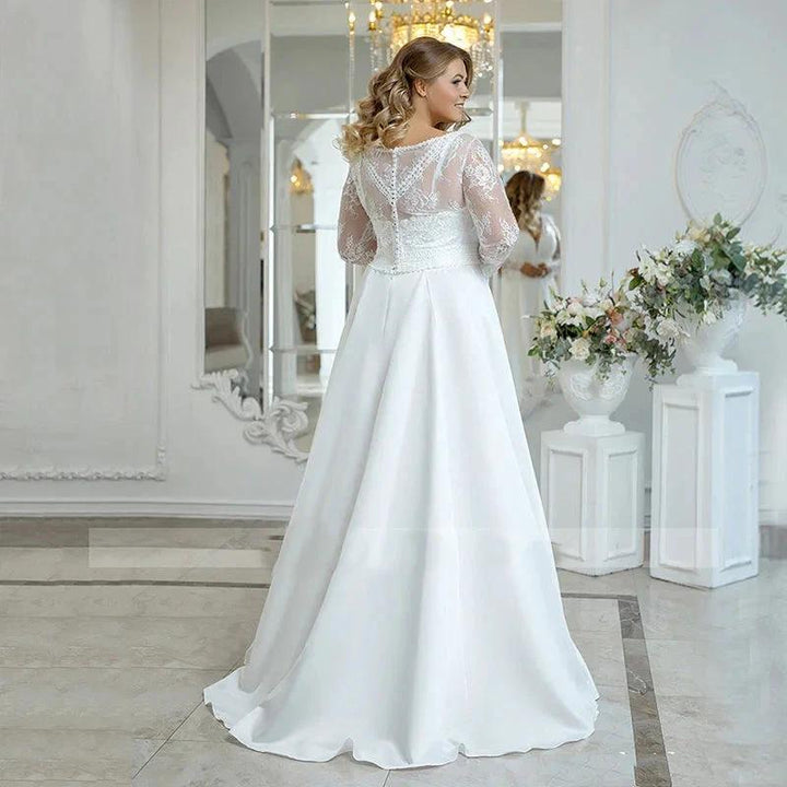 Beach Plus Size Wedding Dress Woman Satin Bohemian Lace Long Sleeve V Neck A Line Floor Length Bridal Gown White by payinti