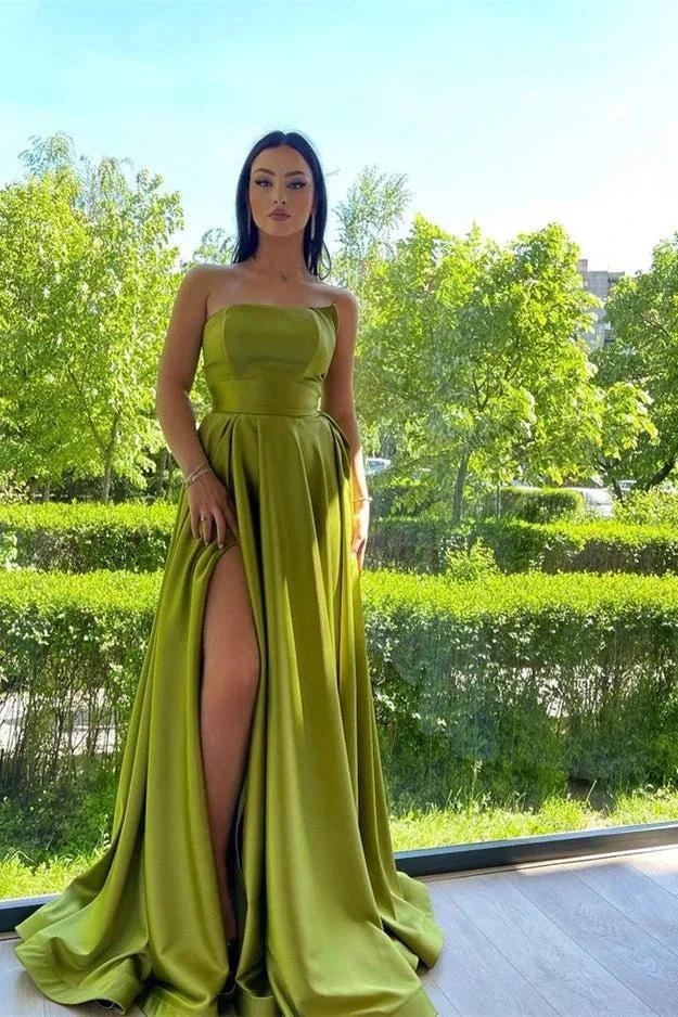 Long Strapless A-Line Satin Front Slit Prom Dresses with Pockets by BIZTUNNEL