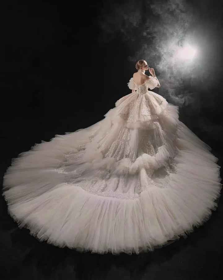 Opulent Off-the-Shoulder Ball Gown Tulle Puff Sleeve Beaded Lace Wedding Dress with Layered Ruffled Train &amp; Choker Q6001 by ZAPDRESS