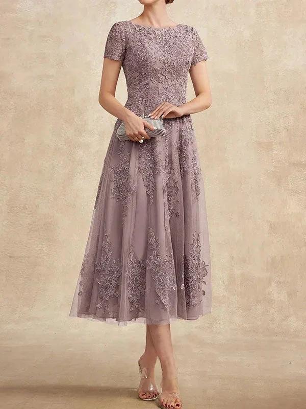 A-line Scoop Tea-Length Tulle Lace Mother of the Bride Dress by Dreamylily