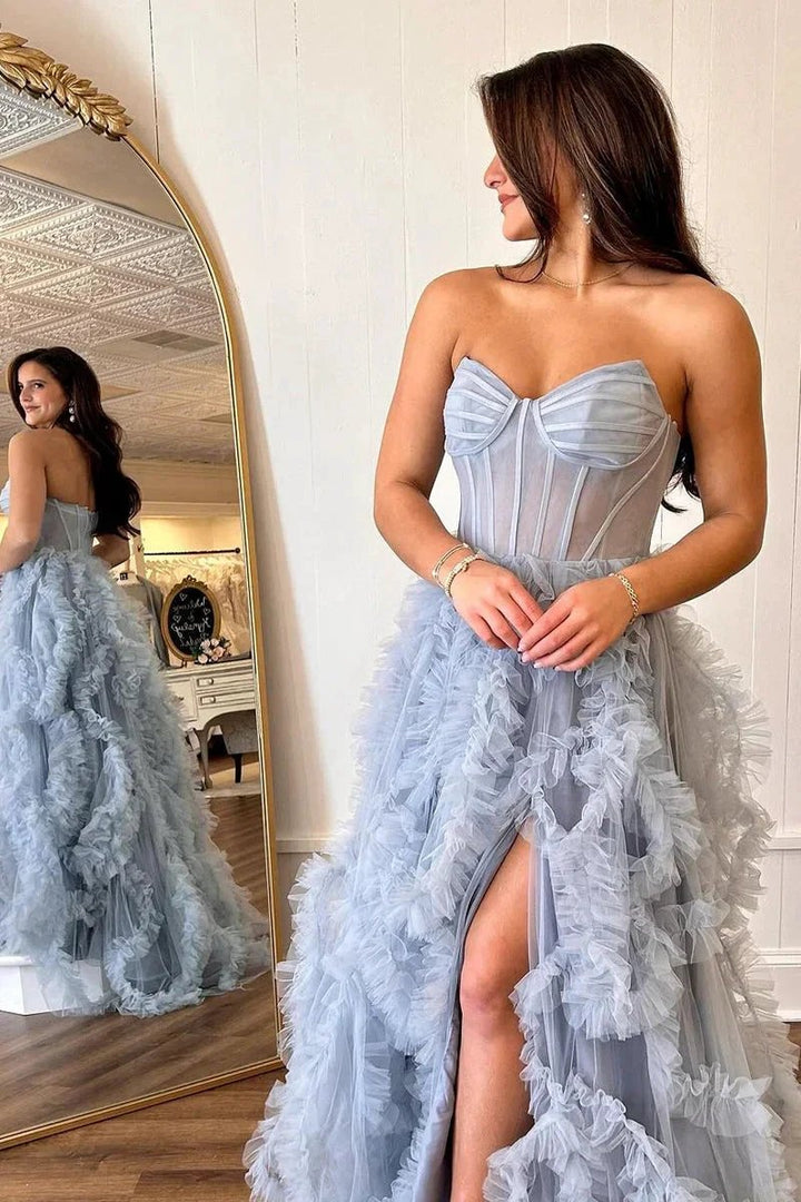 Blue Strapless Ruffle Tulle A-Line Long Prom Dresses with Slit by Kissprom