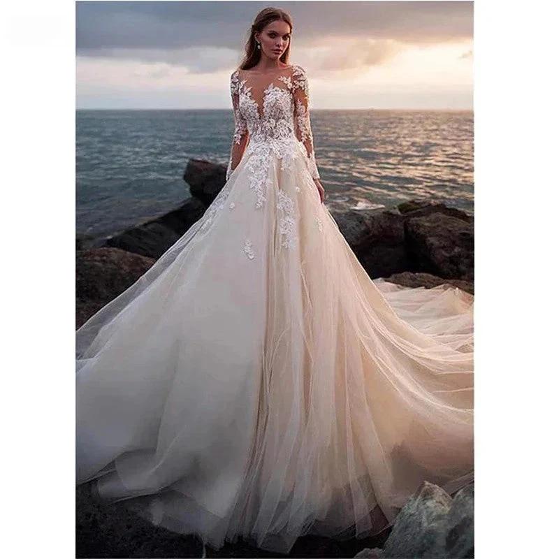 Lace Appliqued Bridal Gown For Women Illusion Long Sleeves Beach Wedding Dress Light Champagne Robe De Mariée Bride Dresses by payinti