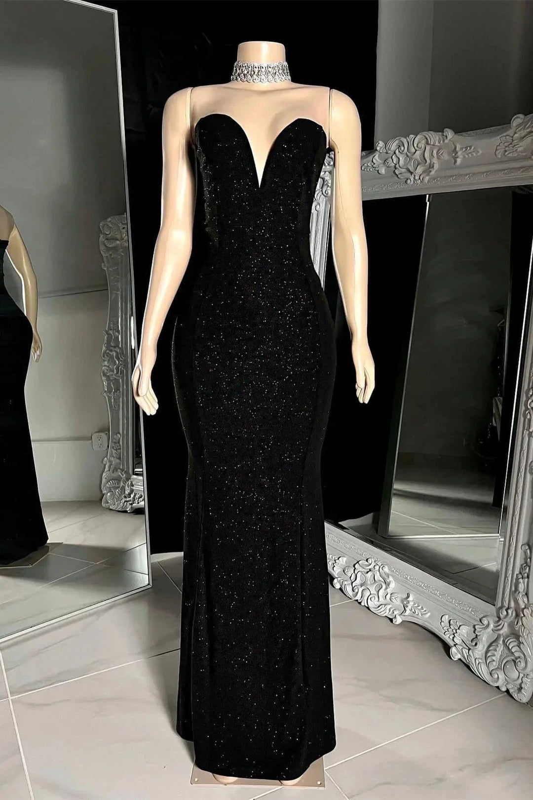 Black Strapless V Neck Sequins Long Mermaid Prom Dress by BIZTUNNEL