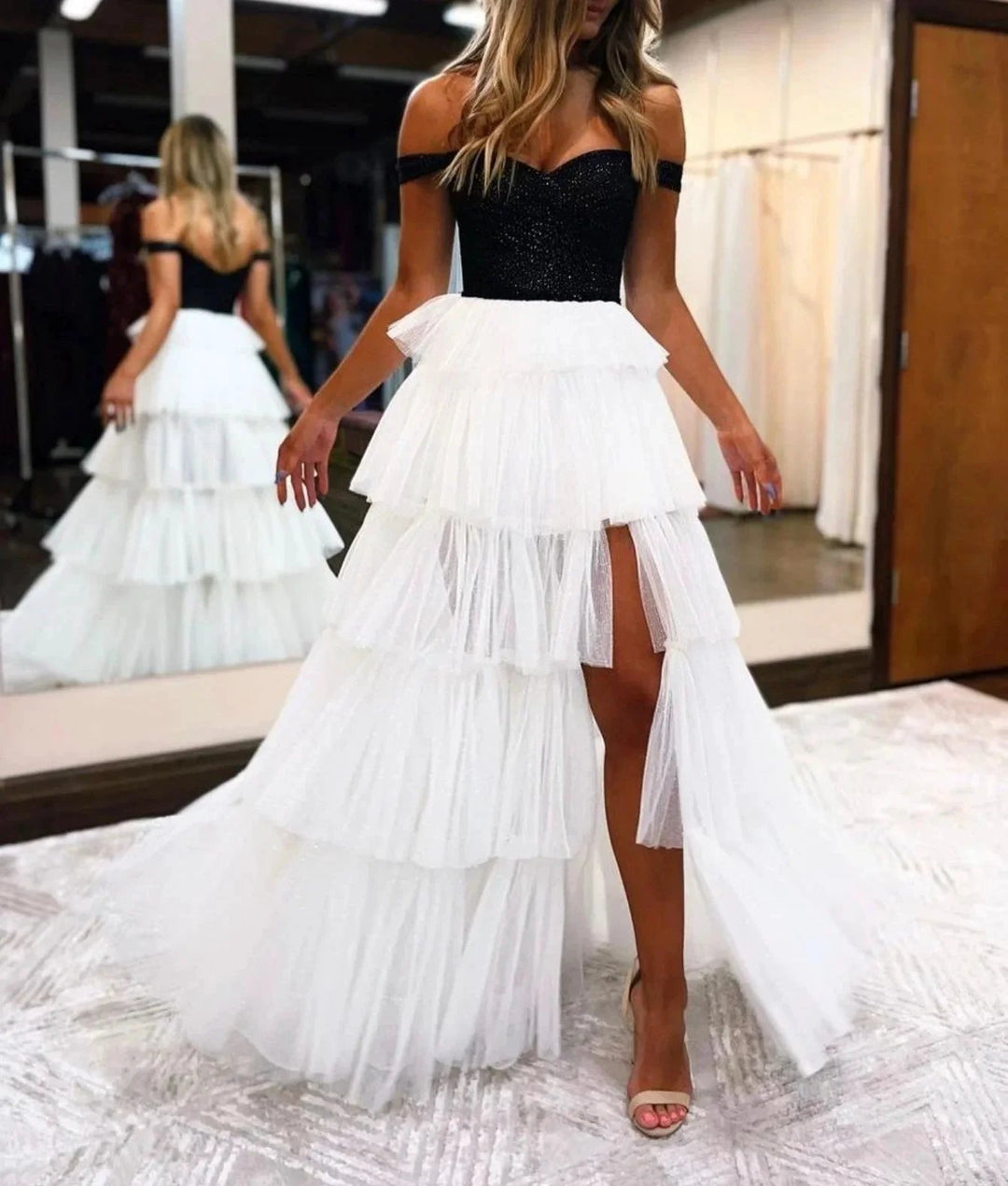 Black And White A-Line Strapless Tiered Long Prom Dress by KissProm