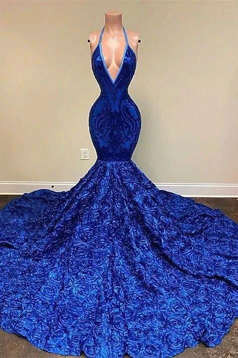 Deep V-neck Halter Mermaid Prom Dress with Sequins and Floral by BIZTUNNEL