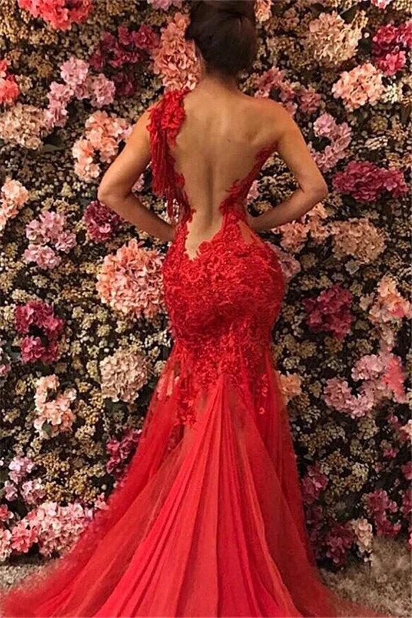 Affordable Red Long Mermaid One Shoulder Tulle Lace Prom Dress by BIZTUNNEL