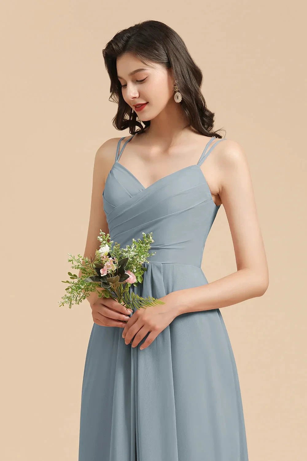 Affordable V-Neck Ruffle Dusty Blue Chiffon Bridesmaid Dresses by misshow.com