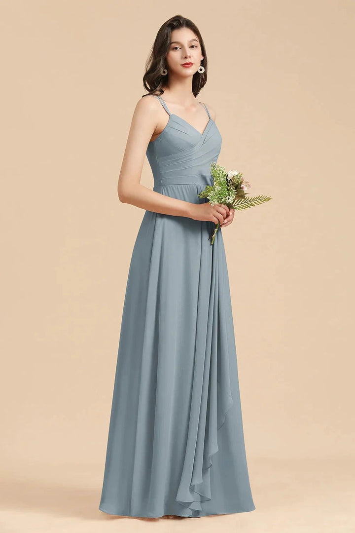 Affordable V-Neck Ruffle Dusty Blue Chiffon Bridesmaid Dresses by misshow.com