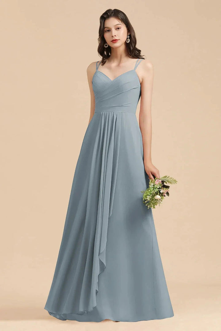 Affordable V-Neck Ruffle Dusty Blue Chiffon Bridesmaid Dresses by misshow.com