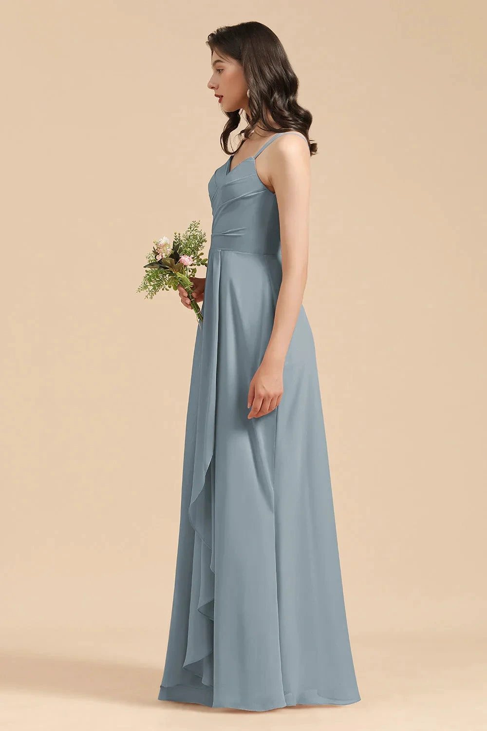 Affordable V-Neck Ruffle Dusty Blue Chiffon Bridesmaid Dresses by misshow.com