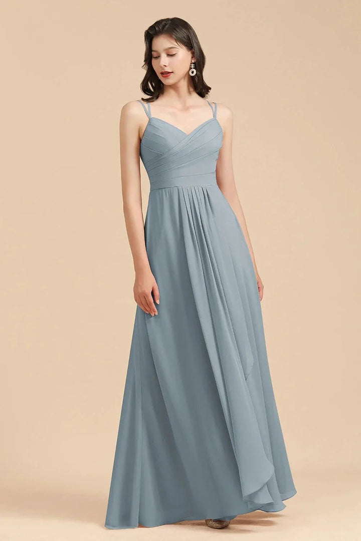 Affordable V-Neck Ruffle Dusty Blue Chiffon Bridesmaid Dresses by misshow.com