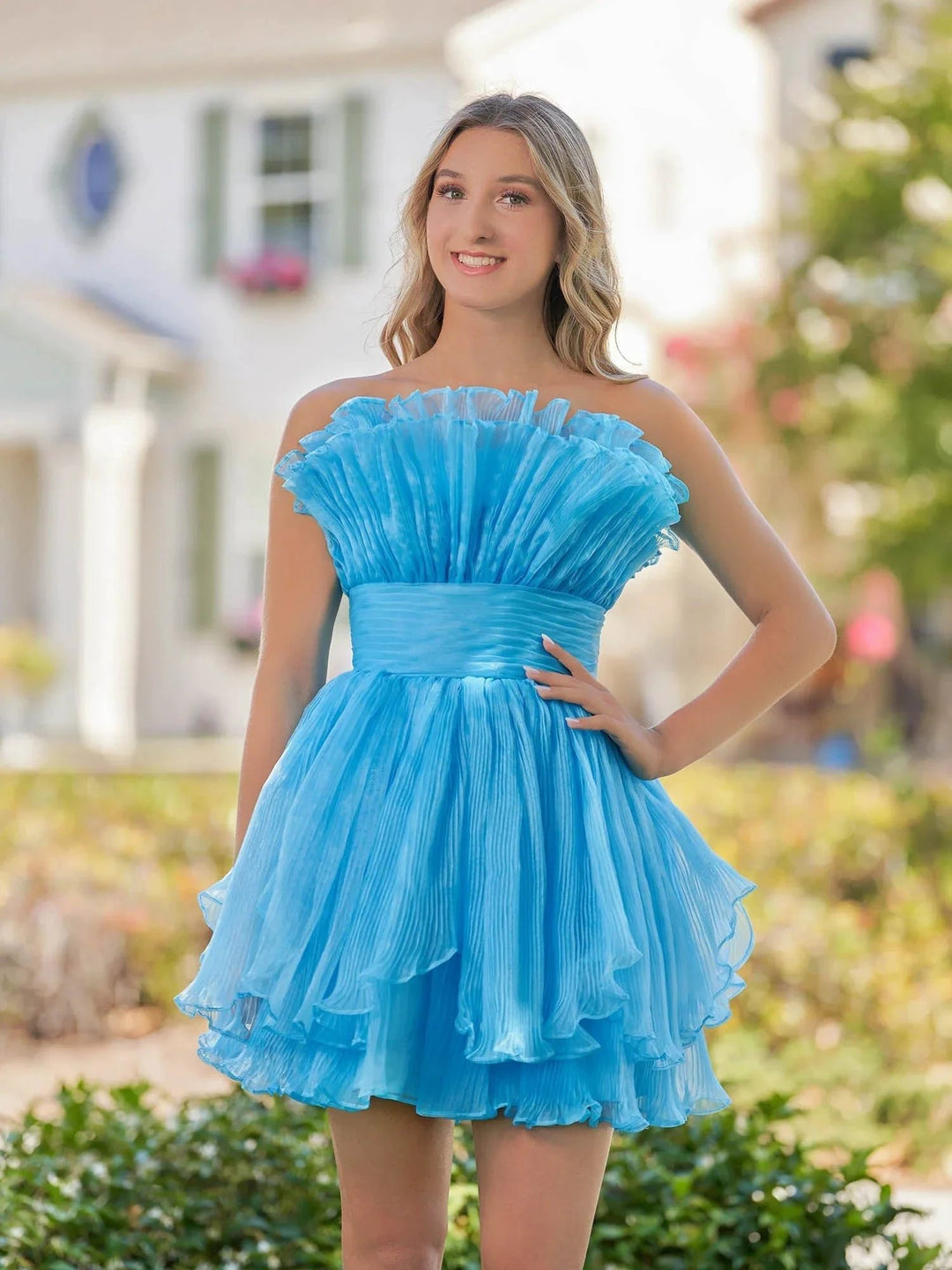 Blue A-Line Strapless Pleated Short Tiered Homecoming Dress by KissProm