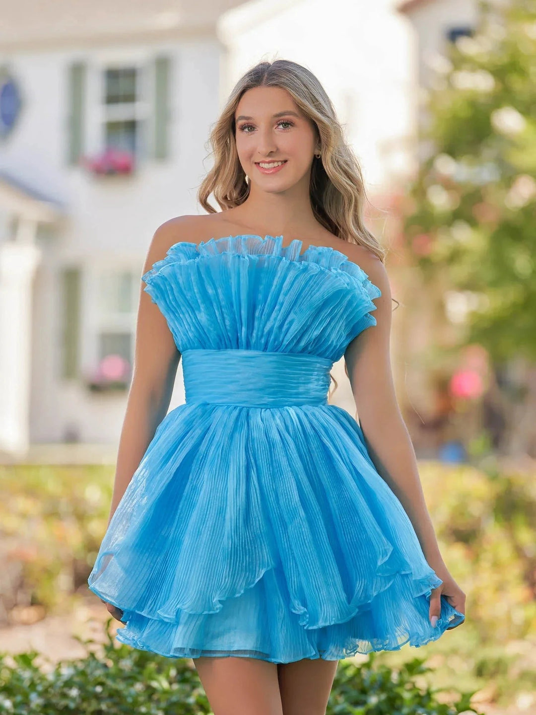 Blue A-Line Strapless Pleated Short Tiered Homecoming Dress by KissProm