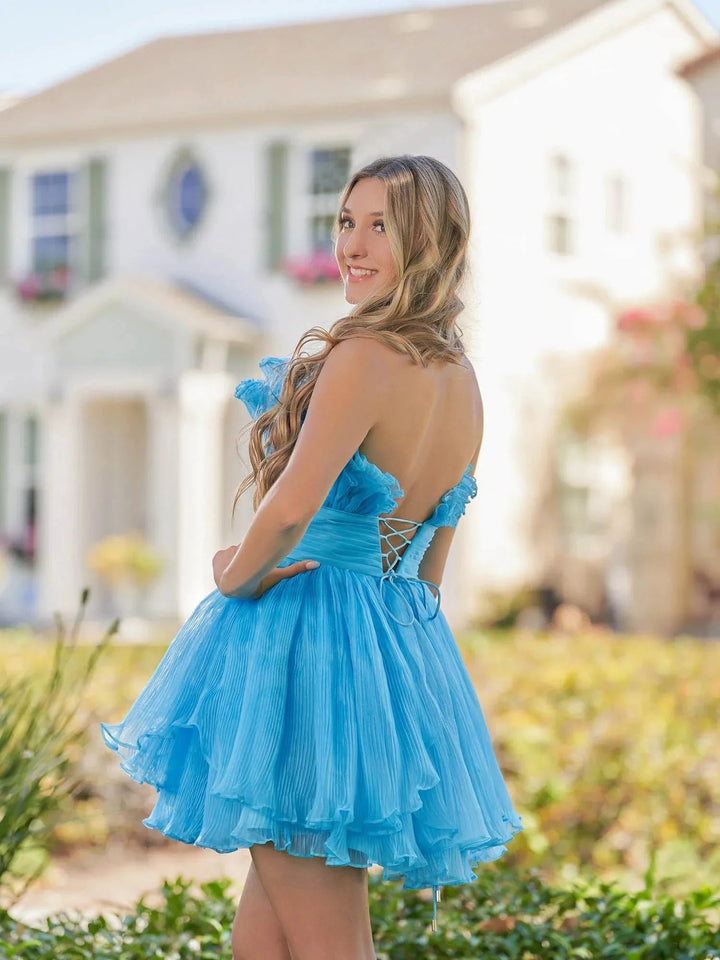 Blue A-Line Strapless Pleated Short Tiered Homecoming Dress by KissProm