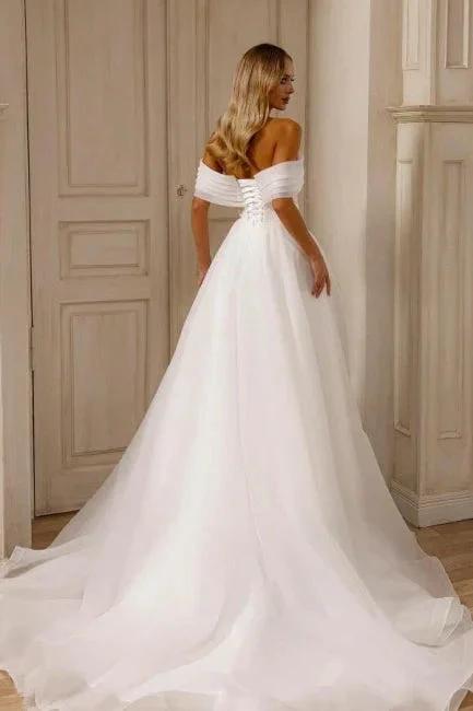 Amazing A-Line Chiffon Tulle Off-The-Shoulder Sleeveless White Wedding Dress With Split Front by misshow.com