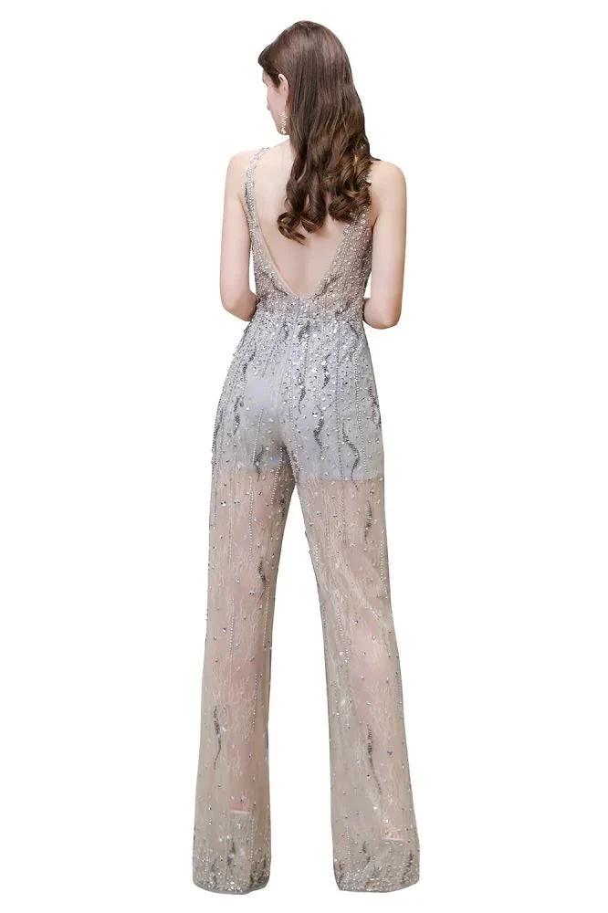 Amazing Illusion High Neck See-through Party Jumpsuit Sleeveless Prom Wear by misshow.com