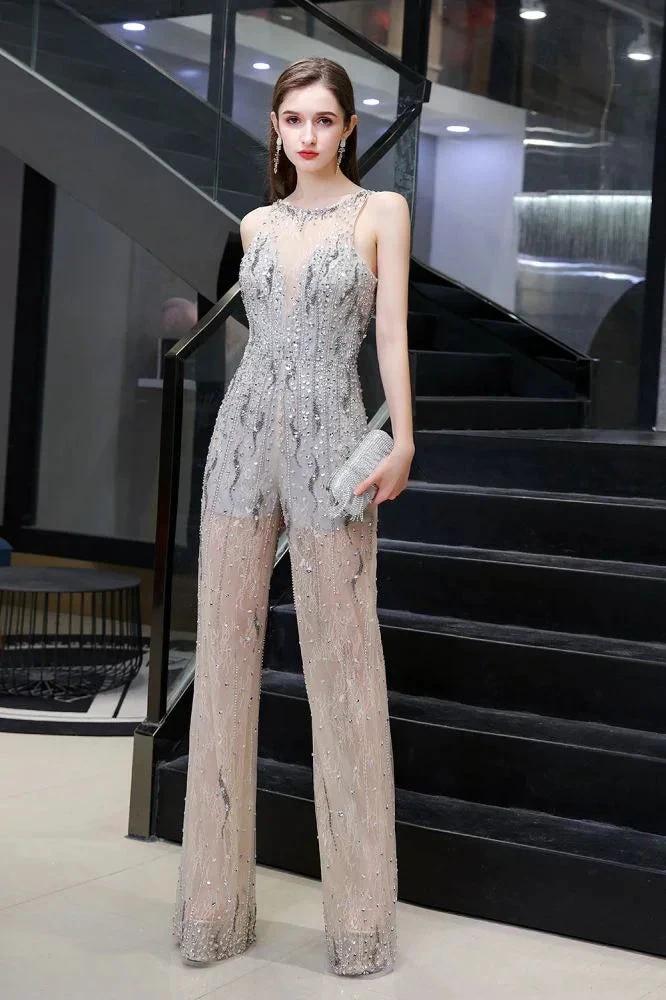 Amazing Illusion High Neck See-through Party Jumpsuit Sleeveless Prom Wear by misshow.com