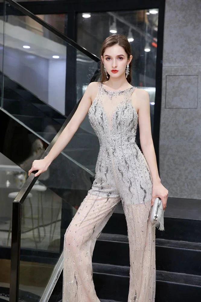 Amazing Illusion High Neck See-through Party Jumpsuit Sleeveless Prom Wear by misshow.com