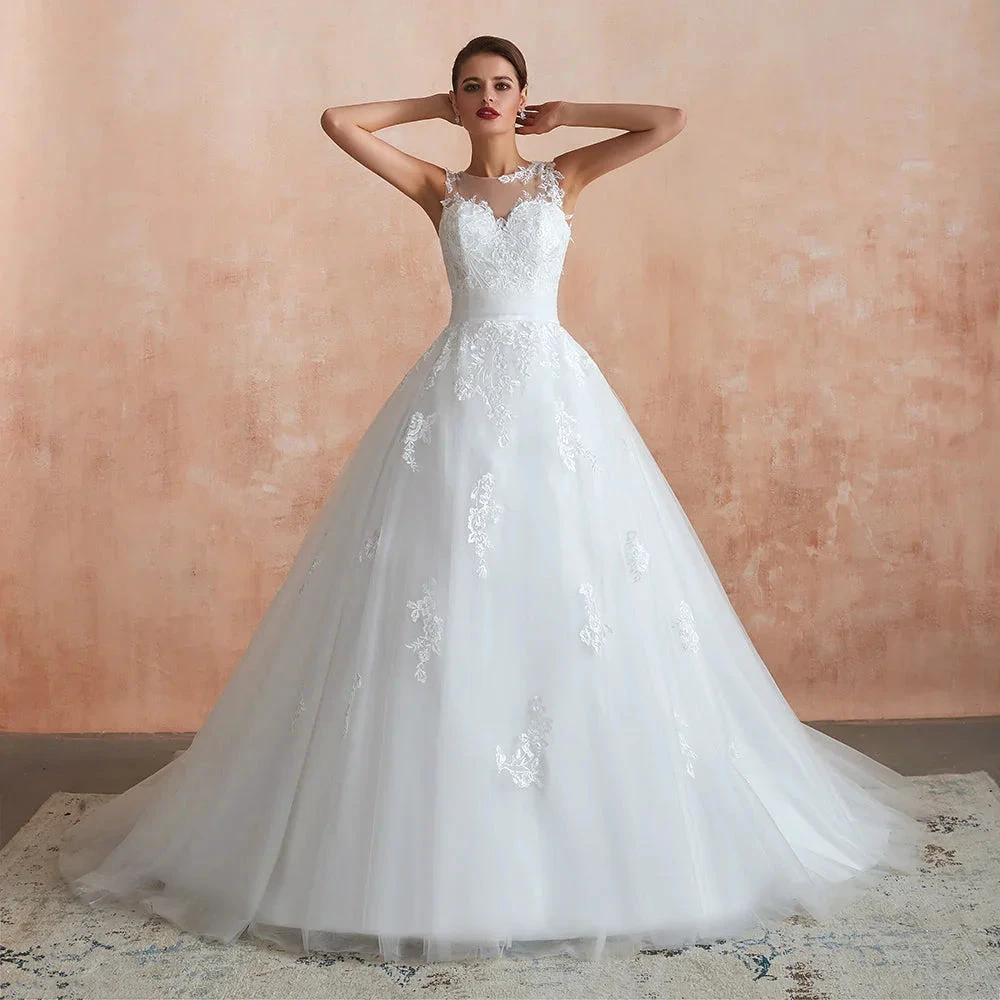 Amazing Long A-line Appliques Lace Tulle Wedding Dress by BIZTUNNEL