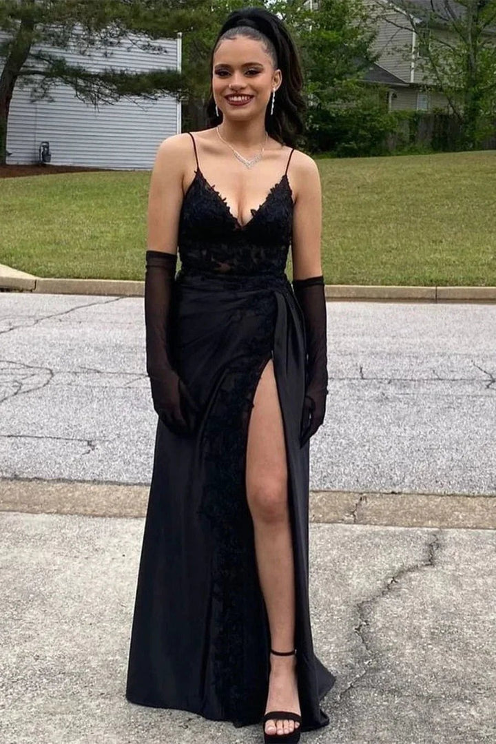 Amazing Long Black V-neck Spaghetti Straps Lace Sleeveless Prom Dress With Slit by misshow.com