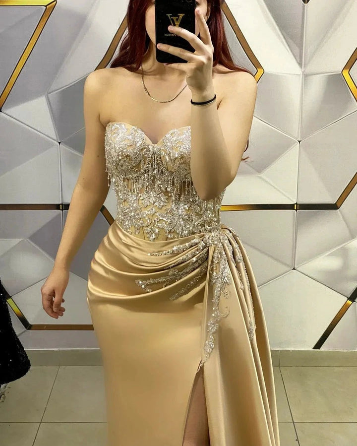 Amazing Long Champagne Sleeveless Beading Lace Prom Dress With Slit by misshow.com