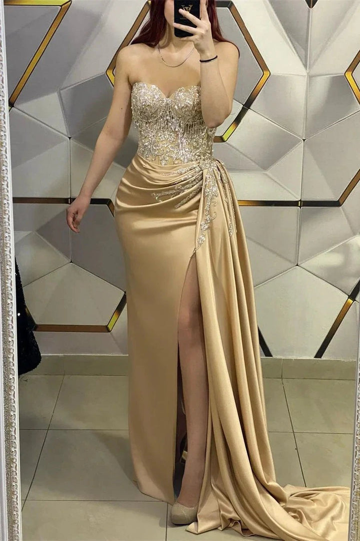 Amazing Long Champagne Sleeveless Beading Lace Prom Dress With Slit by misshow.com