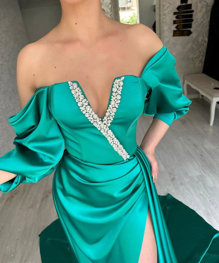 Amazing Long Green A-line Off-the-shoulder Prom Dress With Slit by misshow.com