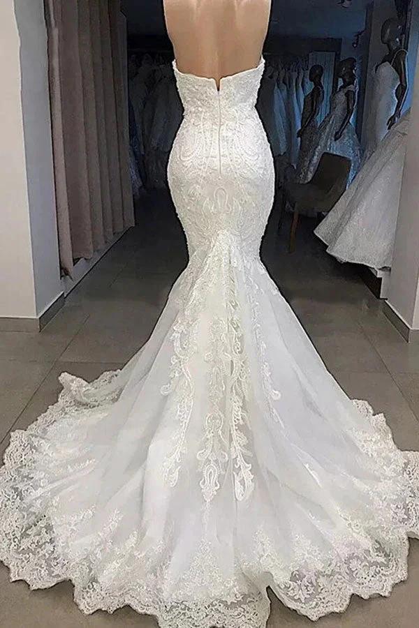 Amazing Long Mermaid Sweetheart Appliqued Lace Wedding Dress with Sleeves by BIZTUNNEL