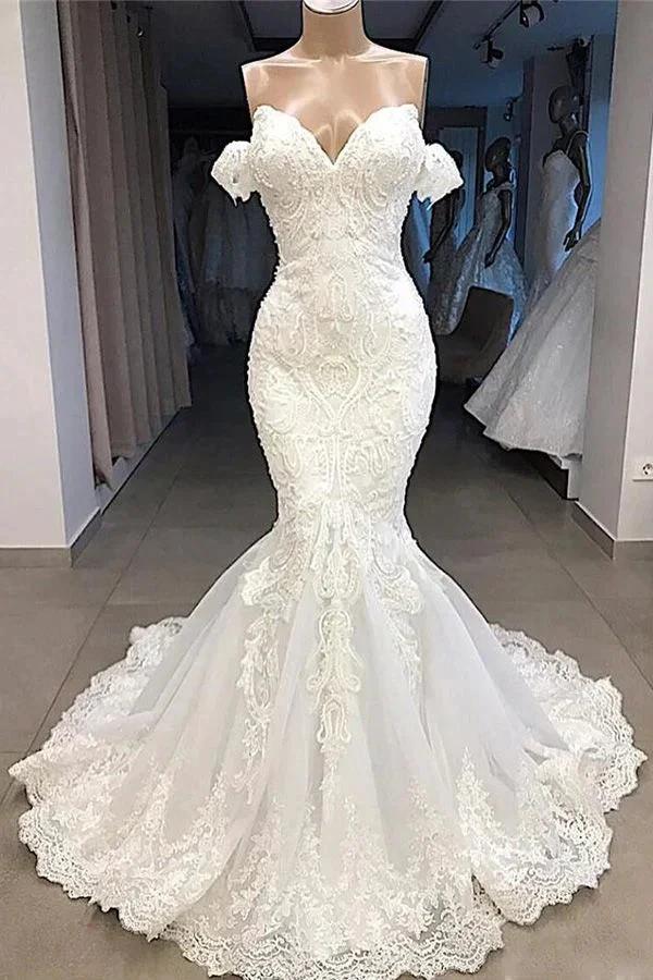 Amazing Long Mermaid Sweetheart Appliqued Lace Wedding Dress with Sleeves by BIZTUNNEL