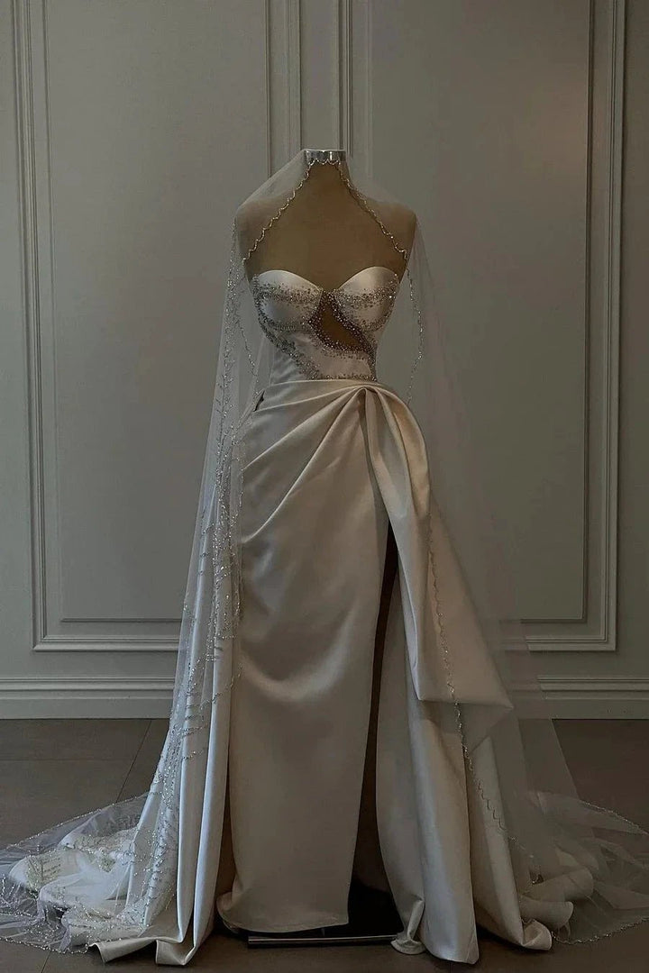 Amazing Long White Beading Sleeveless Satin Wedding Dress With Slit by misshow.com