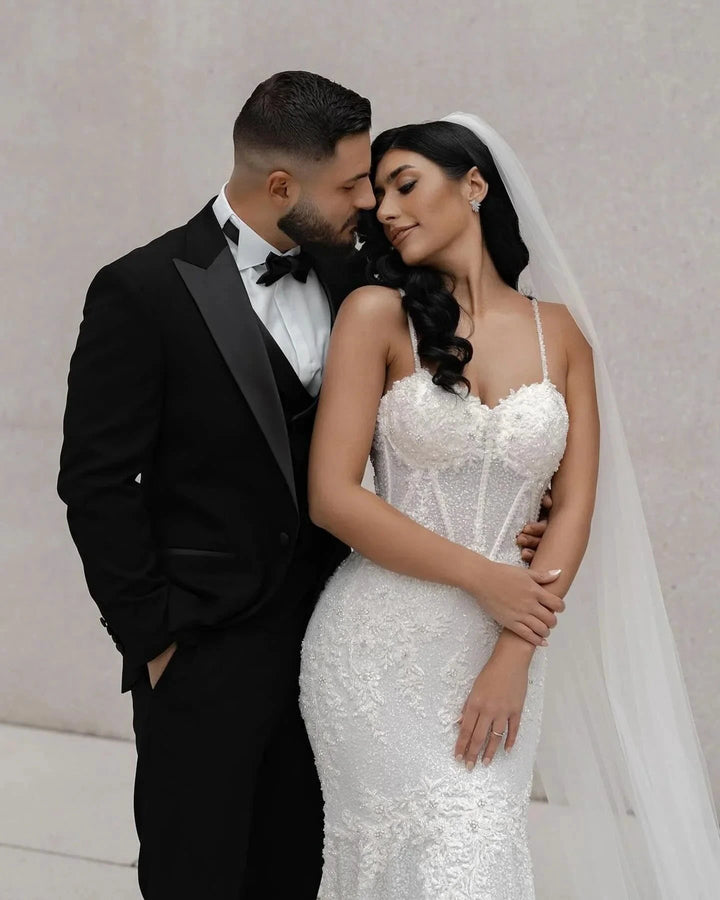 Amazing Mermaid Lace Spaghetti Straps Sleeveless White Long Wedding Dress With Appliques by misshow.com