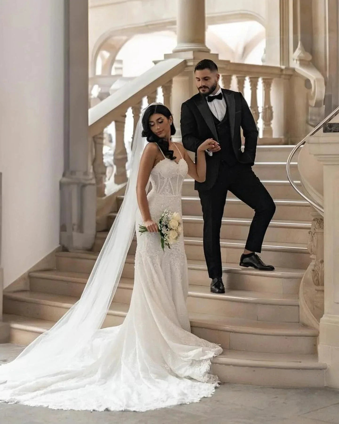 Amazing Mermaid Lace Spaghetti Straps Sleeveless White Long Wedding Dress With Appliques by misshow.com