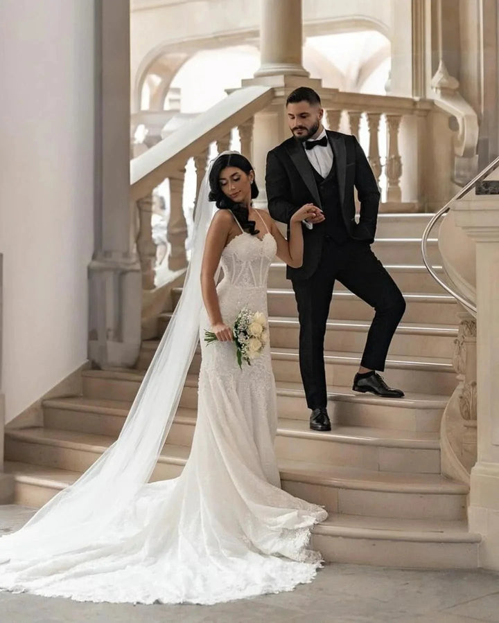 Amazing Mermaid Lace Spaghetti Straps Sleeveless White Long Wedding Dress With Appliques by misshow.com
