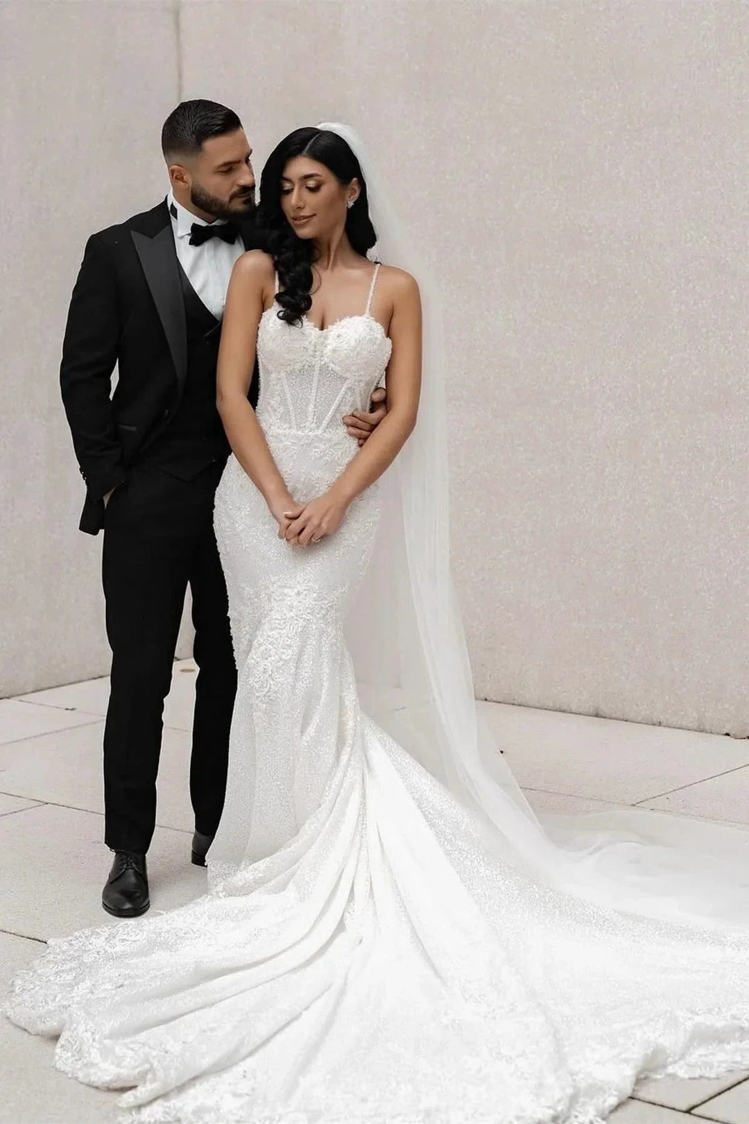 Amazing Mermaid Lace Spaghetti Straps Sleeveless White Long Wedding Dress With Appliques by misshow.com