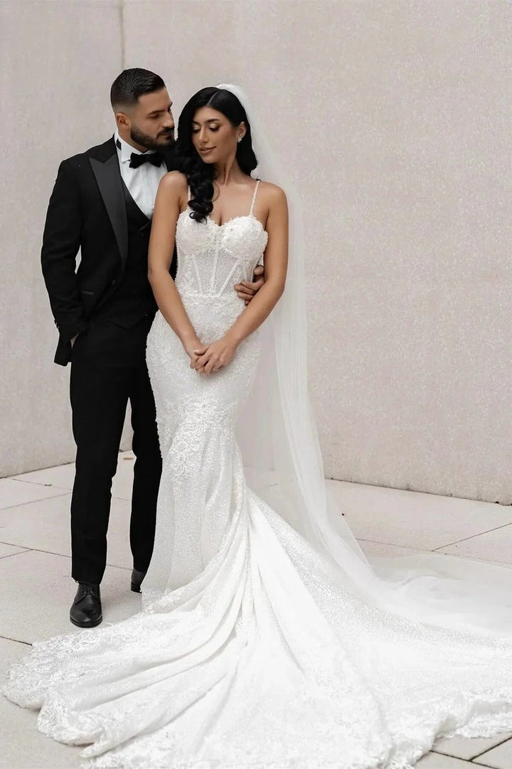 Amazing Mermaid Lace Spaghetti Straps Sleeveless White Long Wedding Dress With Appliques by misshow.com