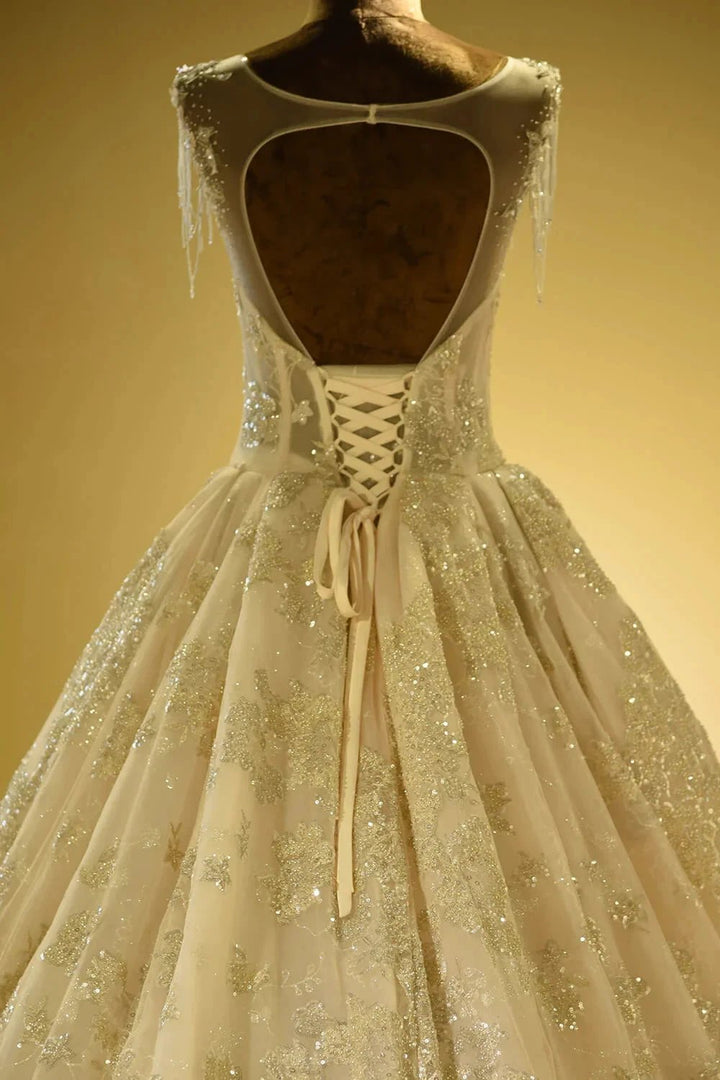 Amazing Princess Lace-up Sparkly Beading Tulle Ivory Princess Wedding Dress by misshow.com