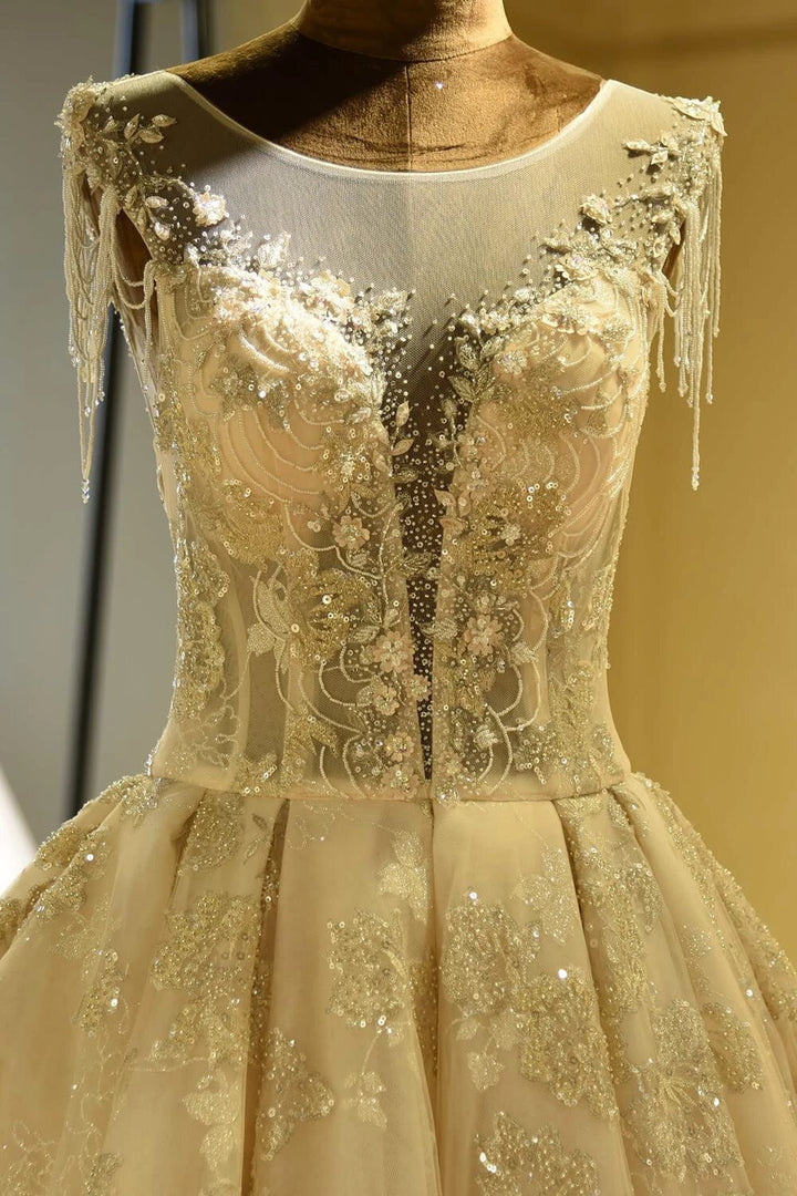 Amazing Princess Lace-up Sparkly Beading Tulle Ivory Princess Wedding Dress by misshow.com