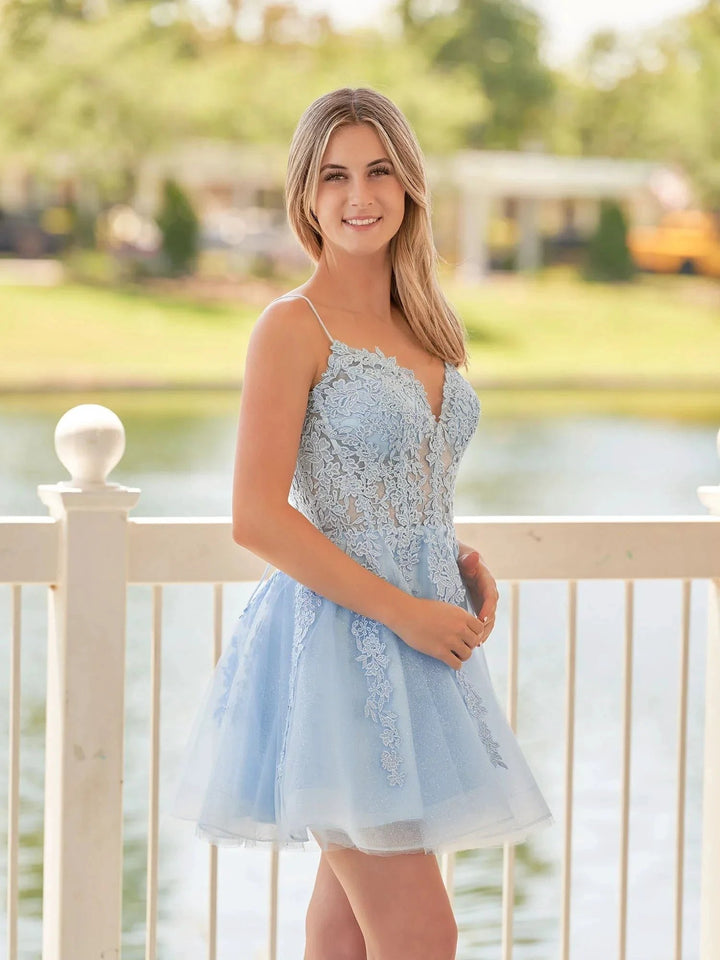 A-Line Spaghetti-Straps Sky Blue Lace Homecoming Dress With Appliques by KissProm