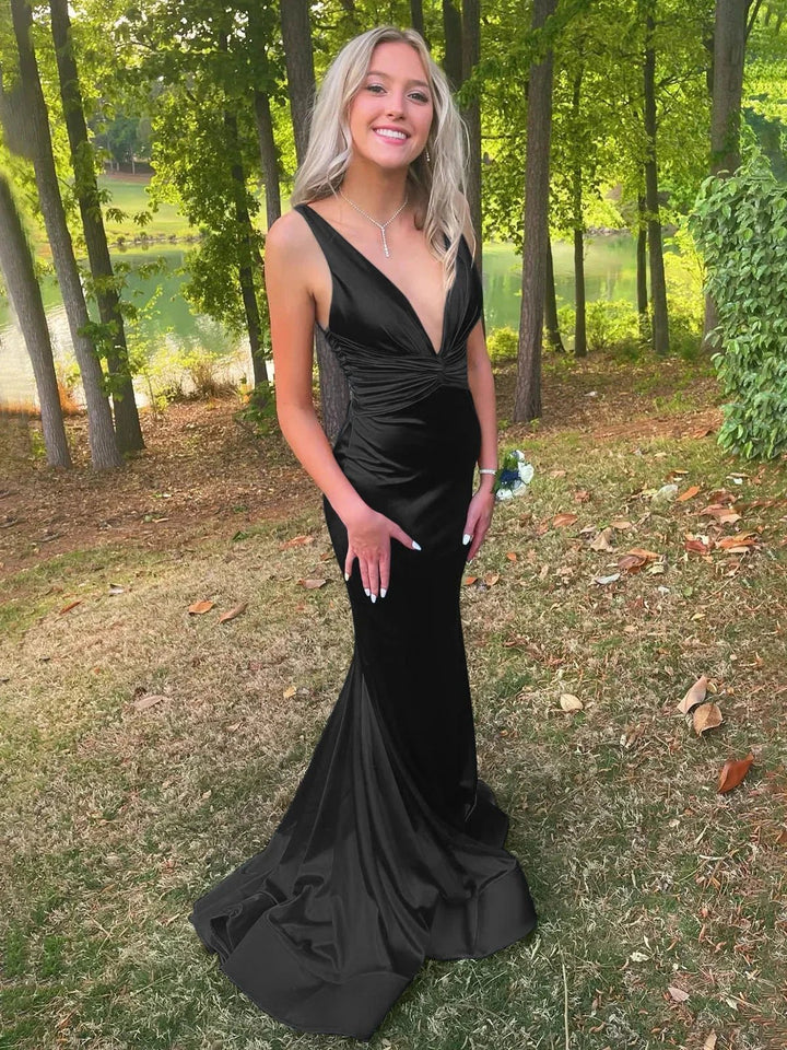 Anwea | Plunge Blue Satin Ruched Mermaid Prom Dress by KissProm