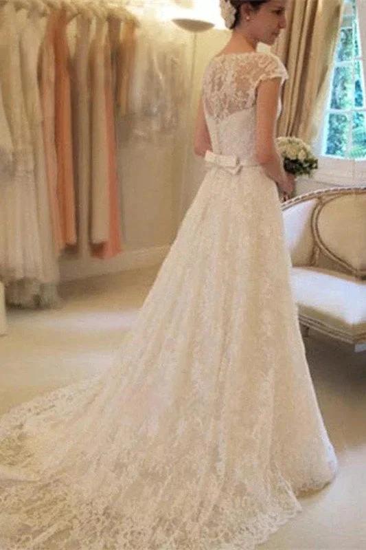 Applique Short Sleeves Square Lace Ribbon Wedding Dress by misshow.com