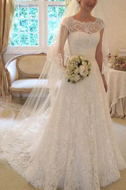 Applique Short Sleeves Square Lace Ribbon Wedding Dress by misshow.com