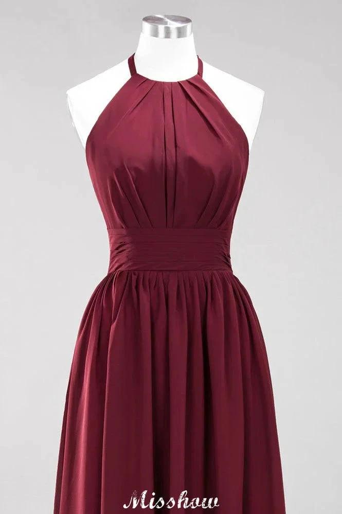 Appliques Halter Sleeveless Floor-Length Bridesmaid Dresses with Ruffles A-line Chiffon Evening Maxi Dress by misshow.com