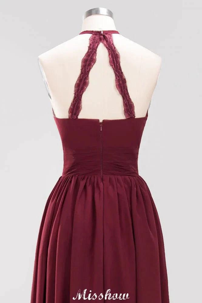 Appliques Halter Sleeveless Floor-Length Bridesmaid Dresses with Ruffles A-line Chiffon Evening Maxi Dress by misshow.com