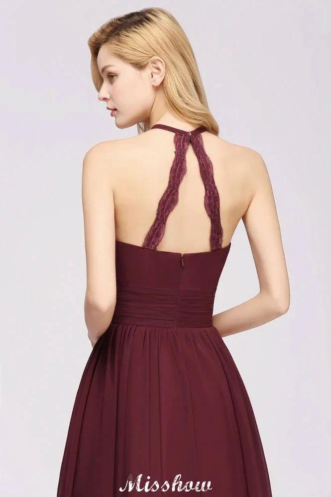 Appliques Halter Sleeveless Floor-Length Bridesmaid Dresses with Ruffles A-line Chiffon Evening Maxi Dress by misshow.com