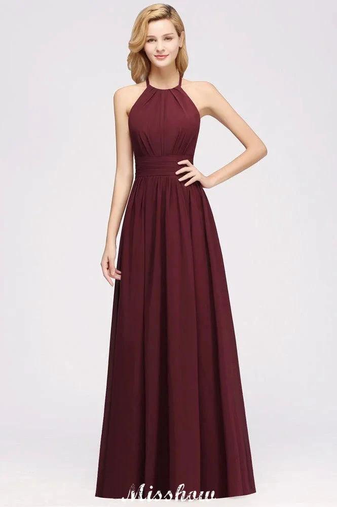 Appliques Halter Sleeveless Floor-Length Bridesmaid Dresses with Ruffles A-line Chiffon Evening Maxi Dress by misshow.com